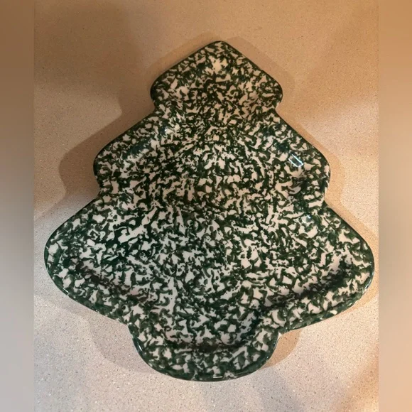 Roseville Spongeware Green and White Holiday Tree-Shaped Platter - Picture 1 of 3